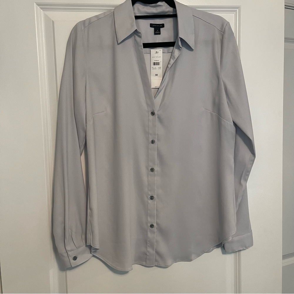 NWT - Ann Taylor Light Gray Button-Up Blouse